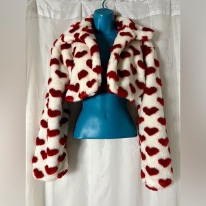 Faux Fur Heart Print Crop Jacket / Coat - Festival, Party, Holiday, Fun Fashion